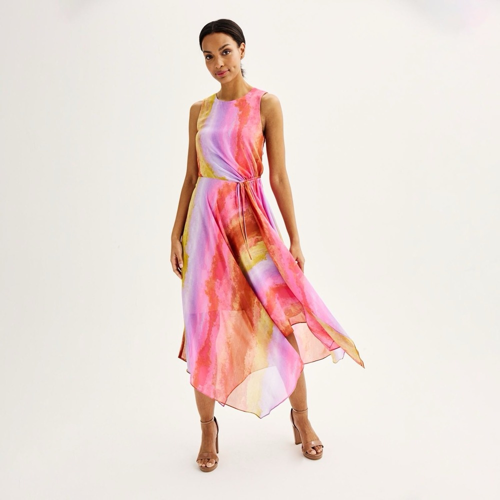 NWT Nine West Asymmetrical Women's Cinched Waist Chiffon Dress Multicolored Sz M